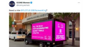 NCAA ICONS_women mobile billboard "Tell the NCAA to stop decimating Women's sports"